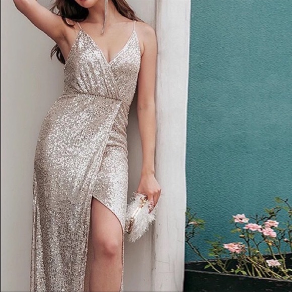 Silver Shimmers Faux Wrap Asymmetrical Maxi Dress - Picture 1 of 9